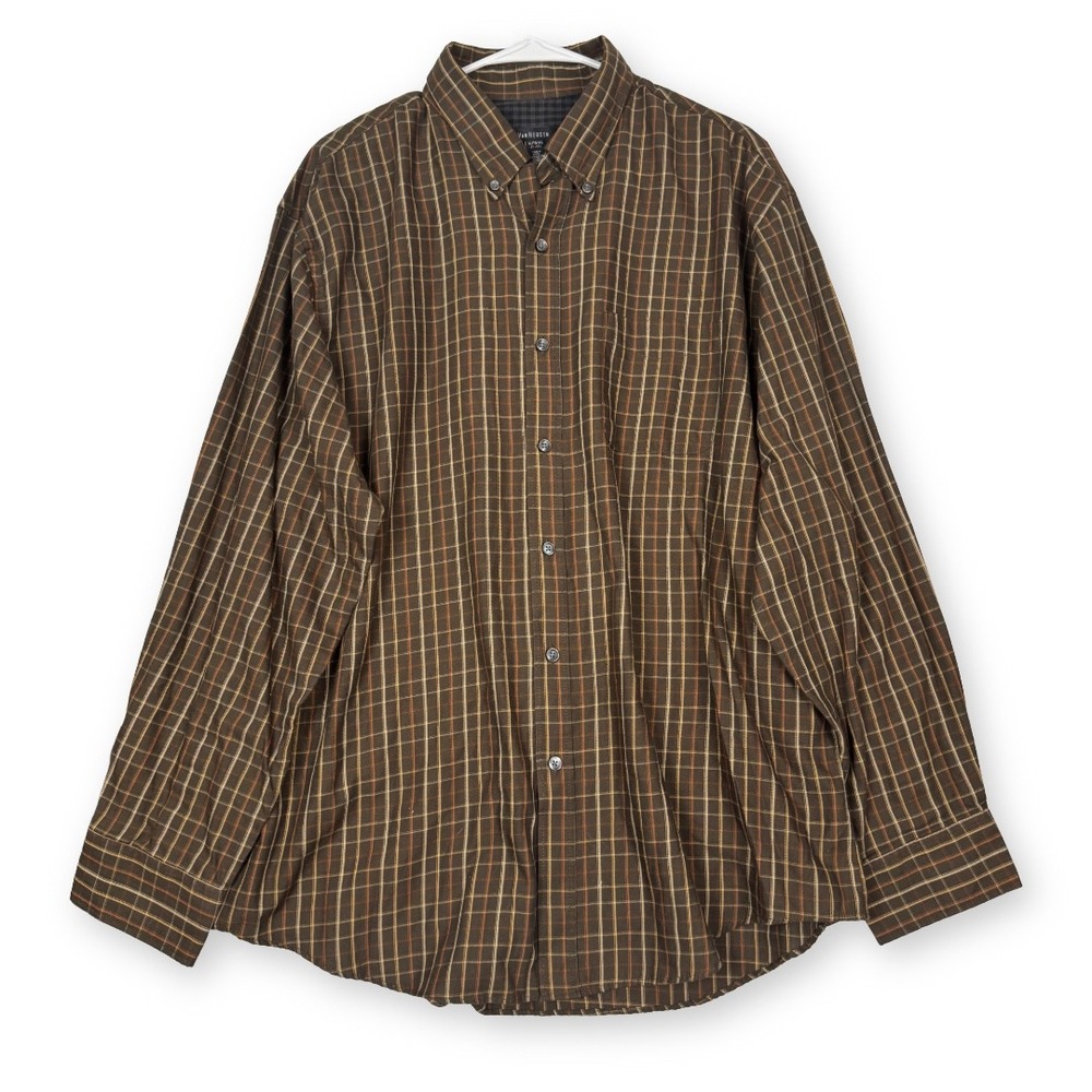 Van Heusen Mens XL Brown Plaid Button Down Shirt Long Sleeve Cotton Blend F2012